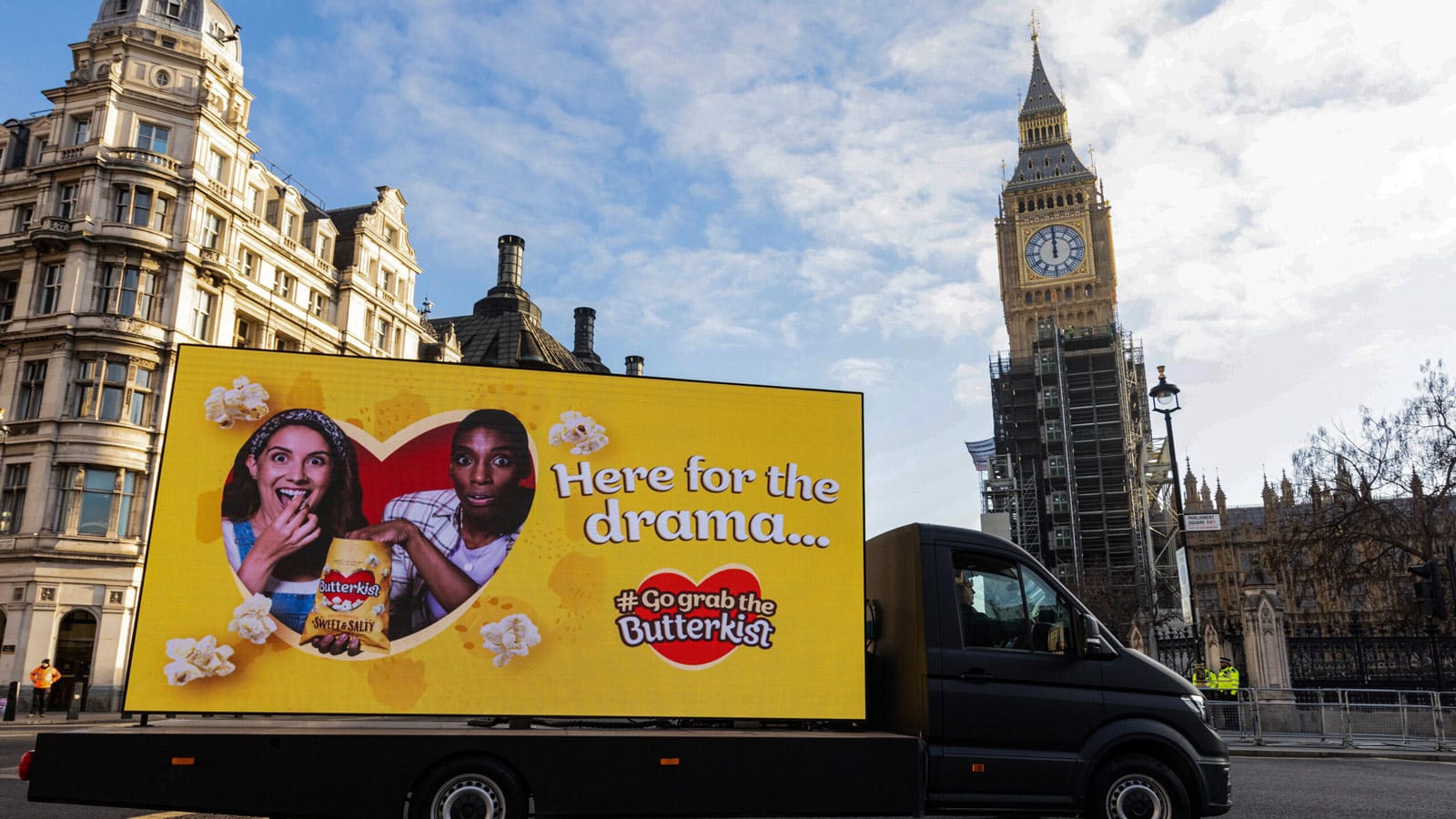 Butterkist Digivan driving past with Big Ben in background